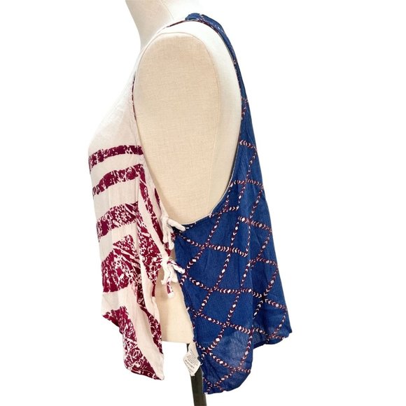 Free People Womens XS Ivory Blue Red Side Tie Tank Top Patriotic - Picture 3 of 10